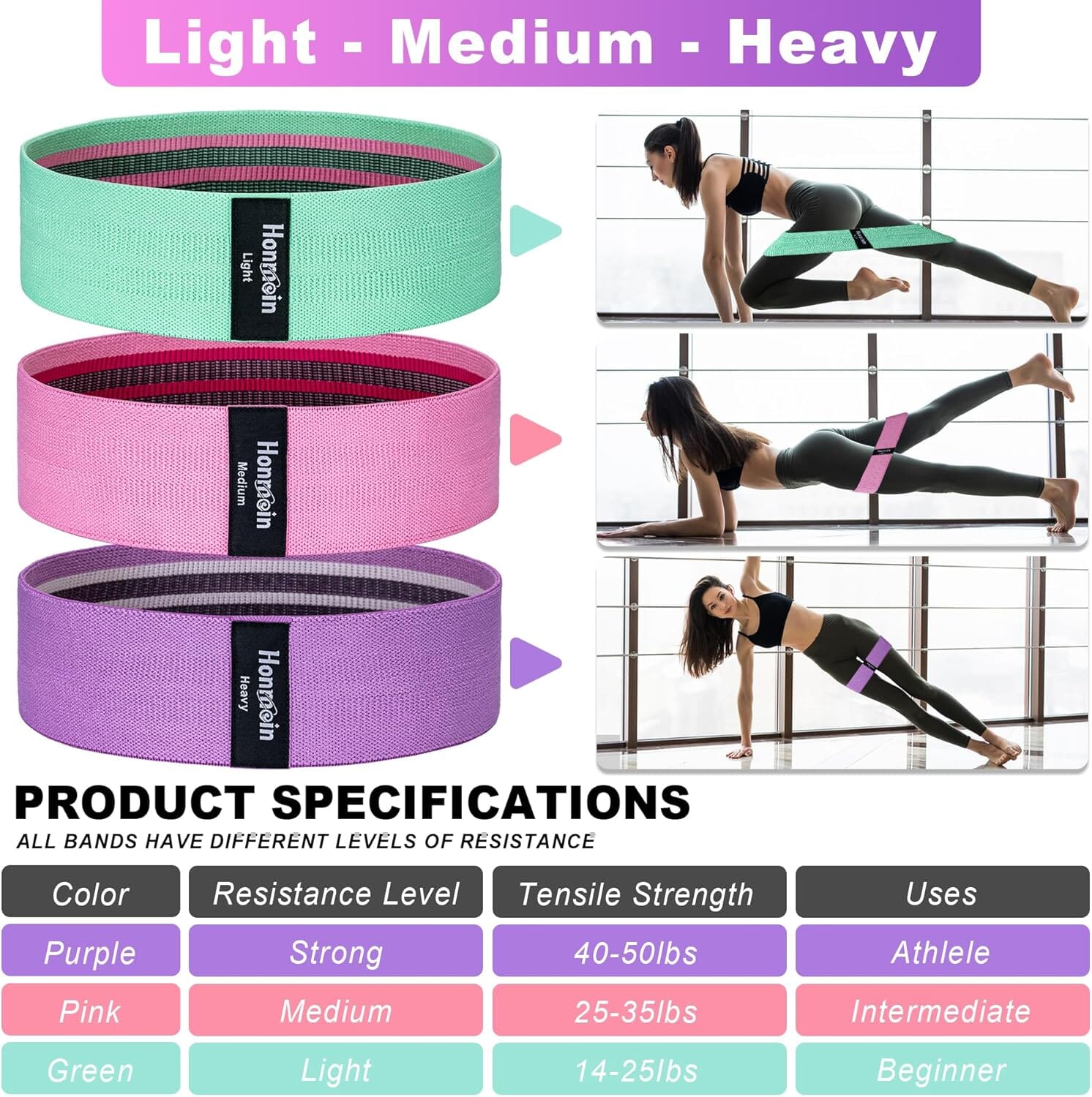 3 Levels Exercise Bands Workout Bands Set for Women Men Exercise Bands & Loops Honmein 