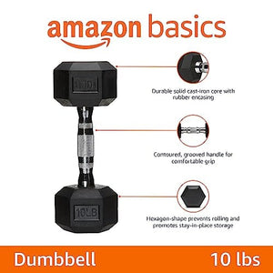 Amazon Basics Rubber Encased Hex Dumbbell, 10-Pounds, Black & Silver Hex Dumbbell Amazon Basics 