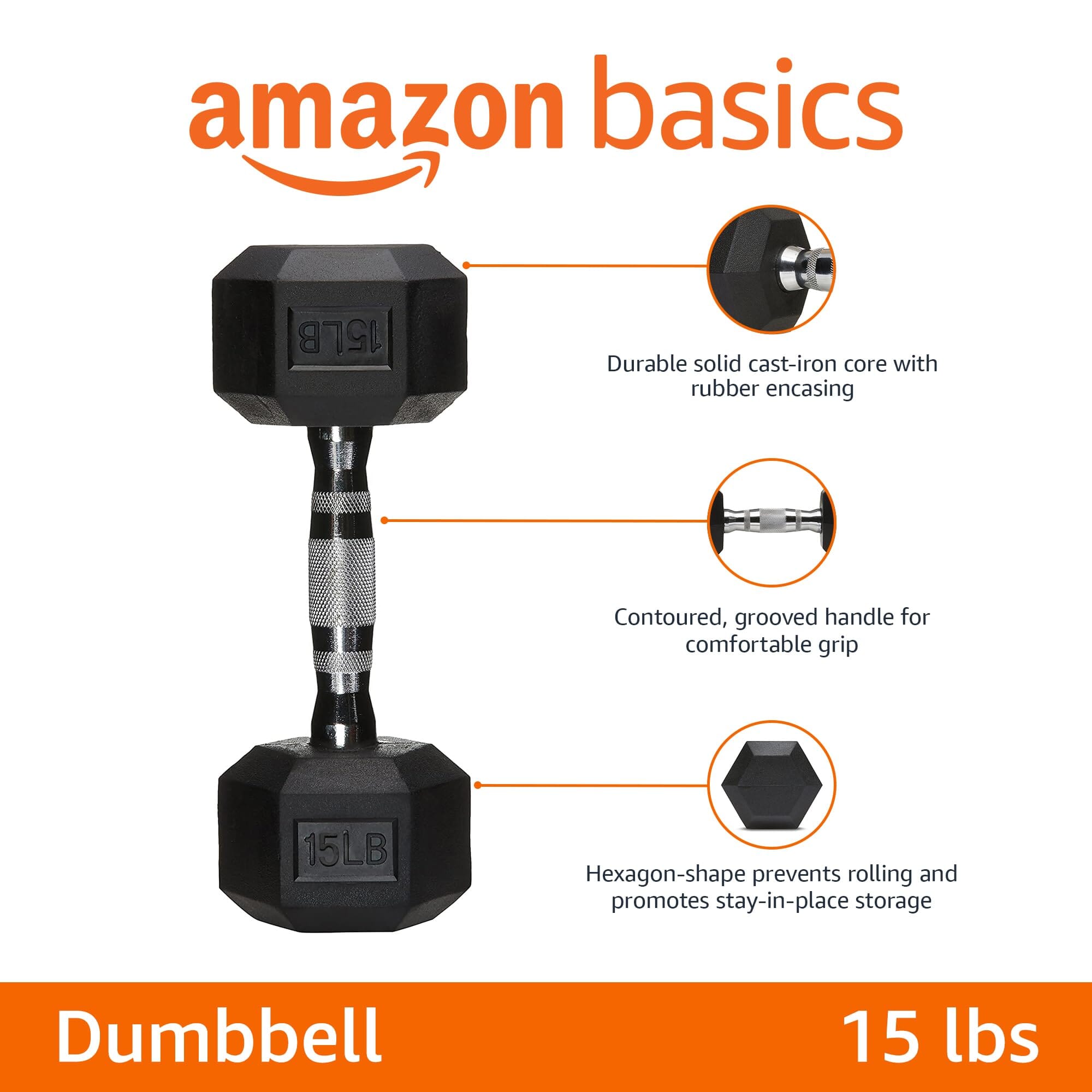Amazon Basics Rubber Encased Hex Dumbbell, 15-Pounds, Black & Silver Hex Dumbbell Amazon Basics 