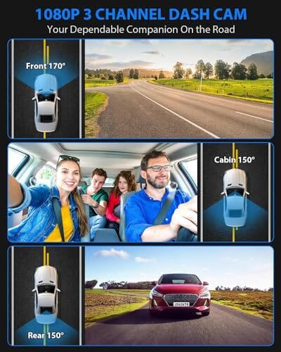 Dash Cam, 3 Channel Dash Cam, 1080P Front and Inside, Triple Dash Camera with 32GB Card, HDR, G-Sensor, 24Hr Parking, Loop Recording Wireless SUVCON 