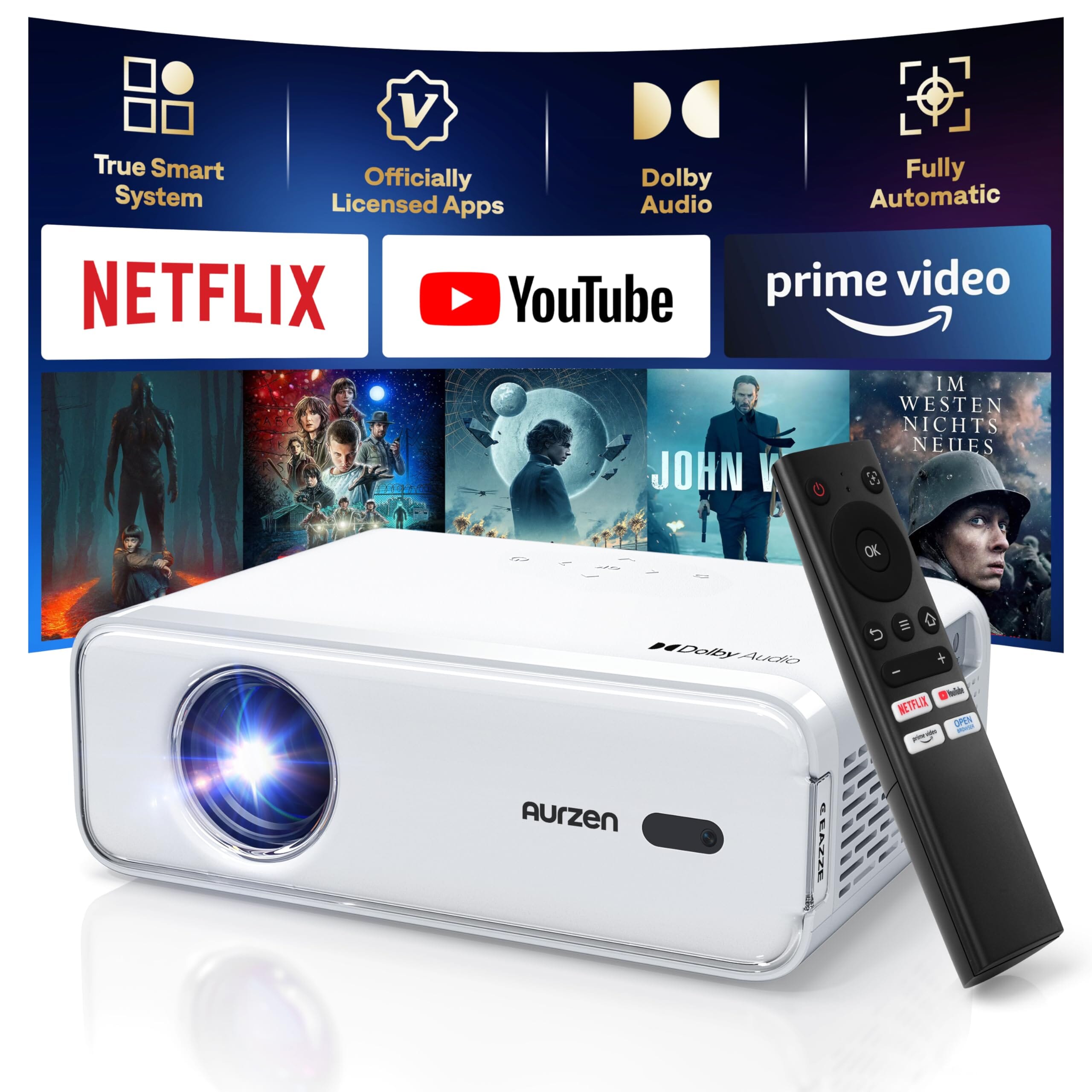 EAZZE D1 Smart Projector with Wi-Fi and Bluetooth, White Office Product Aurzen 