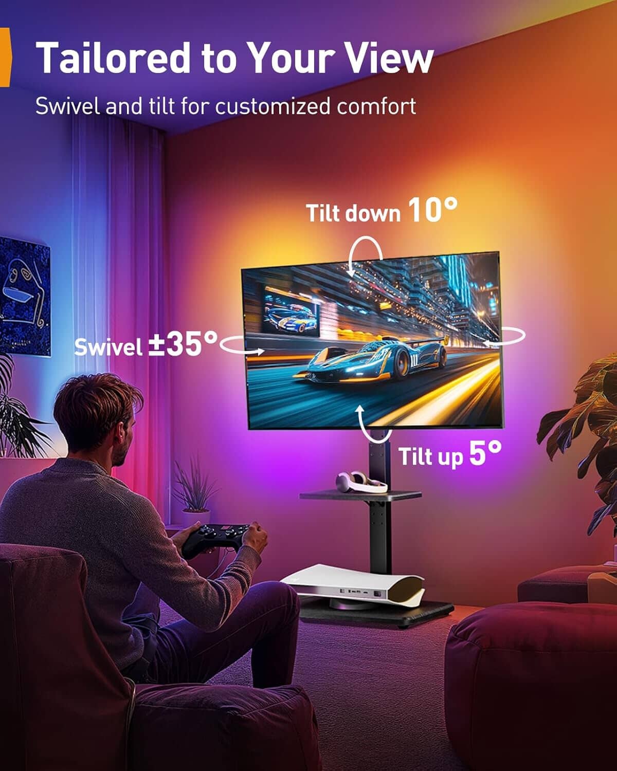 Floor TV Stand with LED Light for 32”-75", Tall TV Stand with Swivel and Tilt, up to 110 lbs. Entertainment Centers & TV Stands OwensAssetFund Gifts 