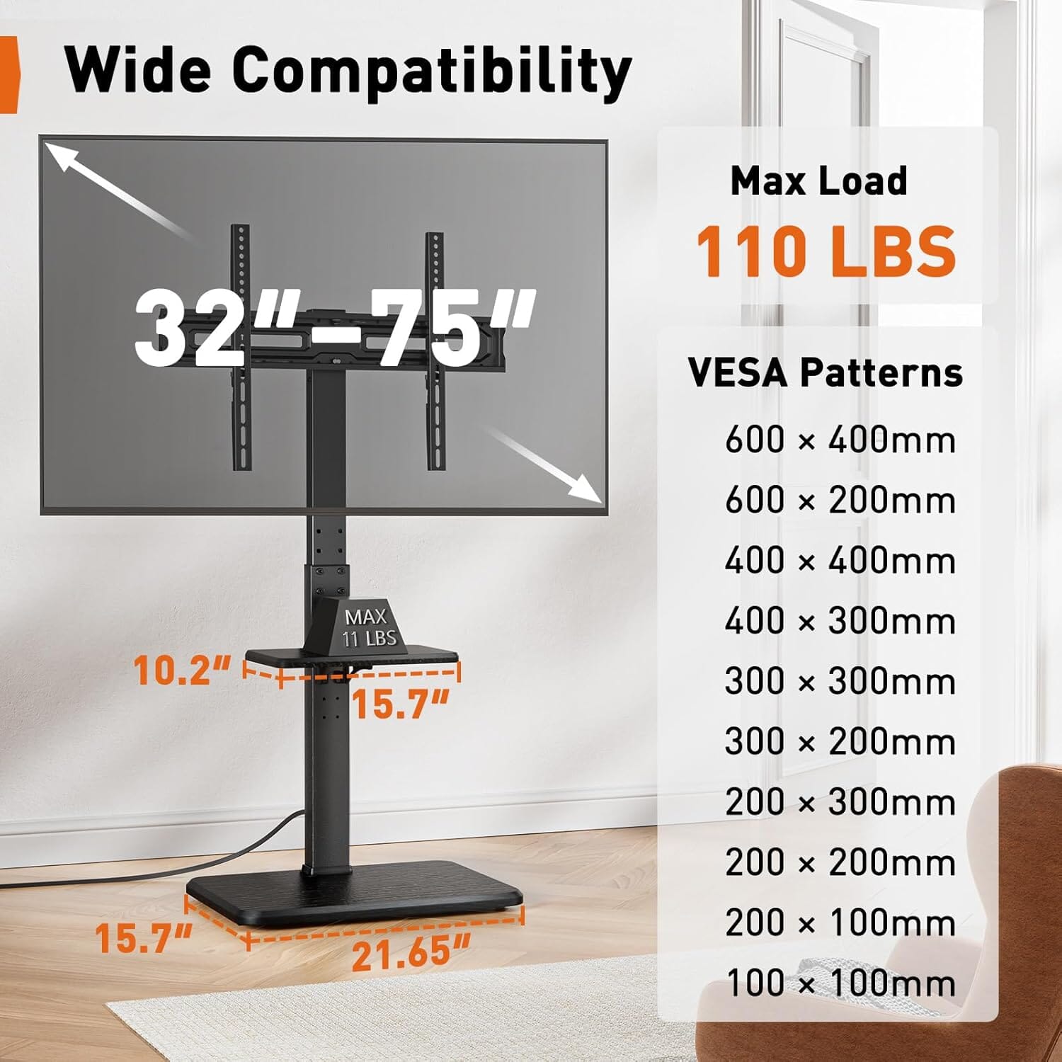 Floor TV Stand with Power Outlet, Universal TV Stand for 32–75-inch TVs up to 110 lbs. Entertainment Centers & TV Stands Perlegear 