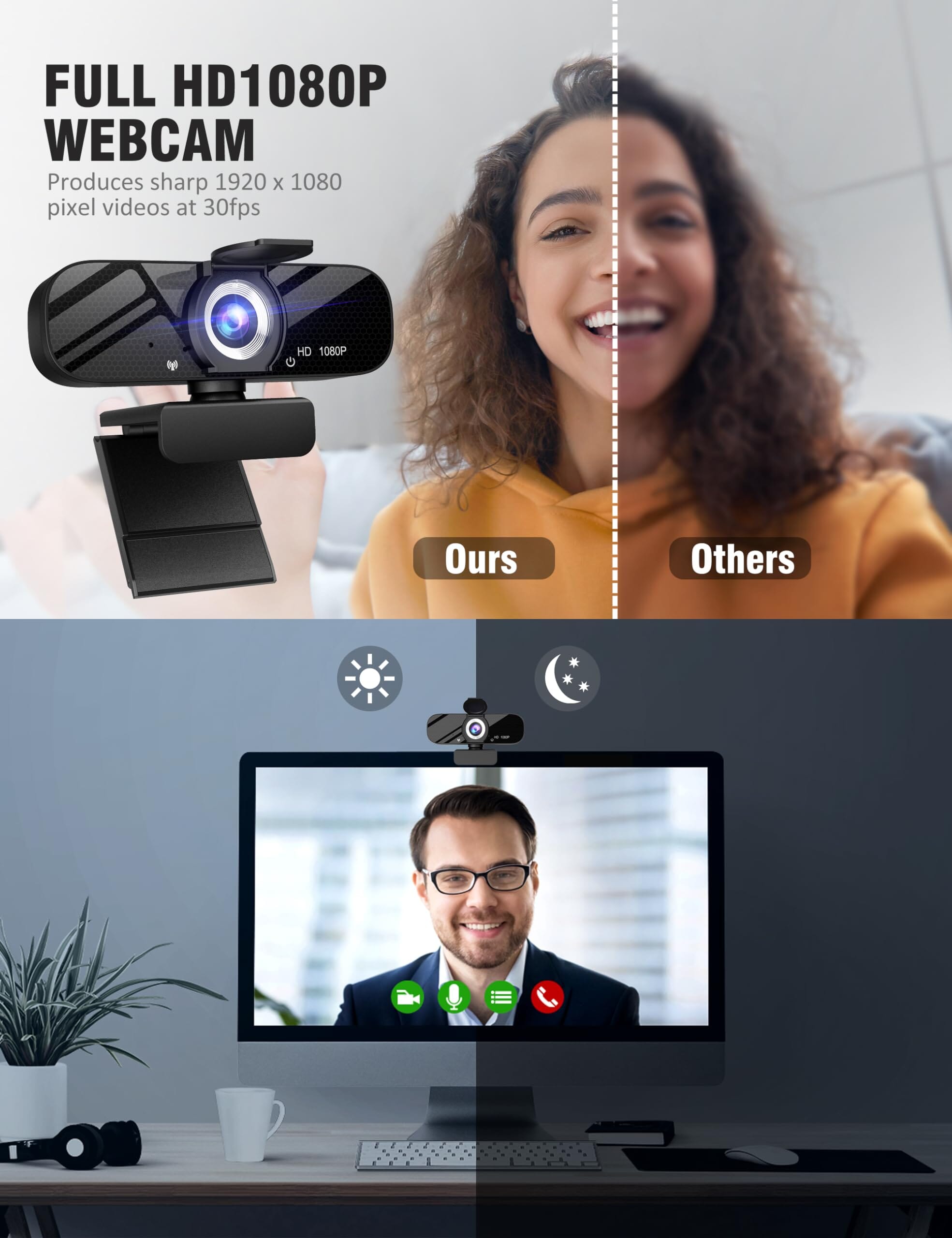 Full HD Webcam with Built-in Microphone and Rotatable Tripod Camera Tewiky 