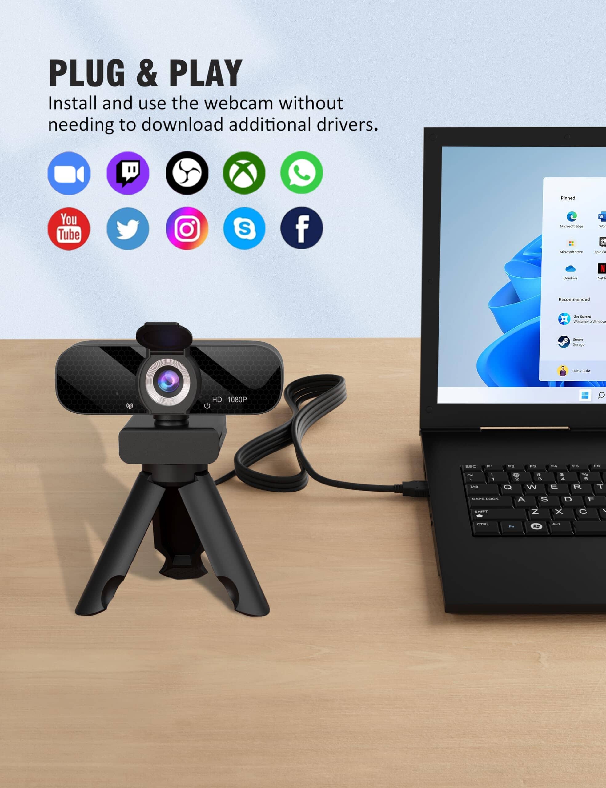 Full HD Webcam with Built-in Microphone and Rotatable Tripod Camera Tewiky 