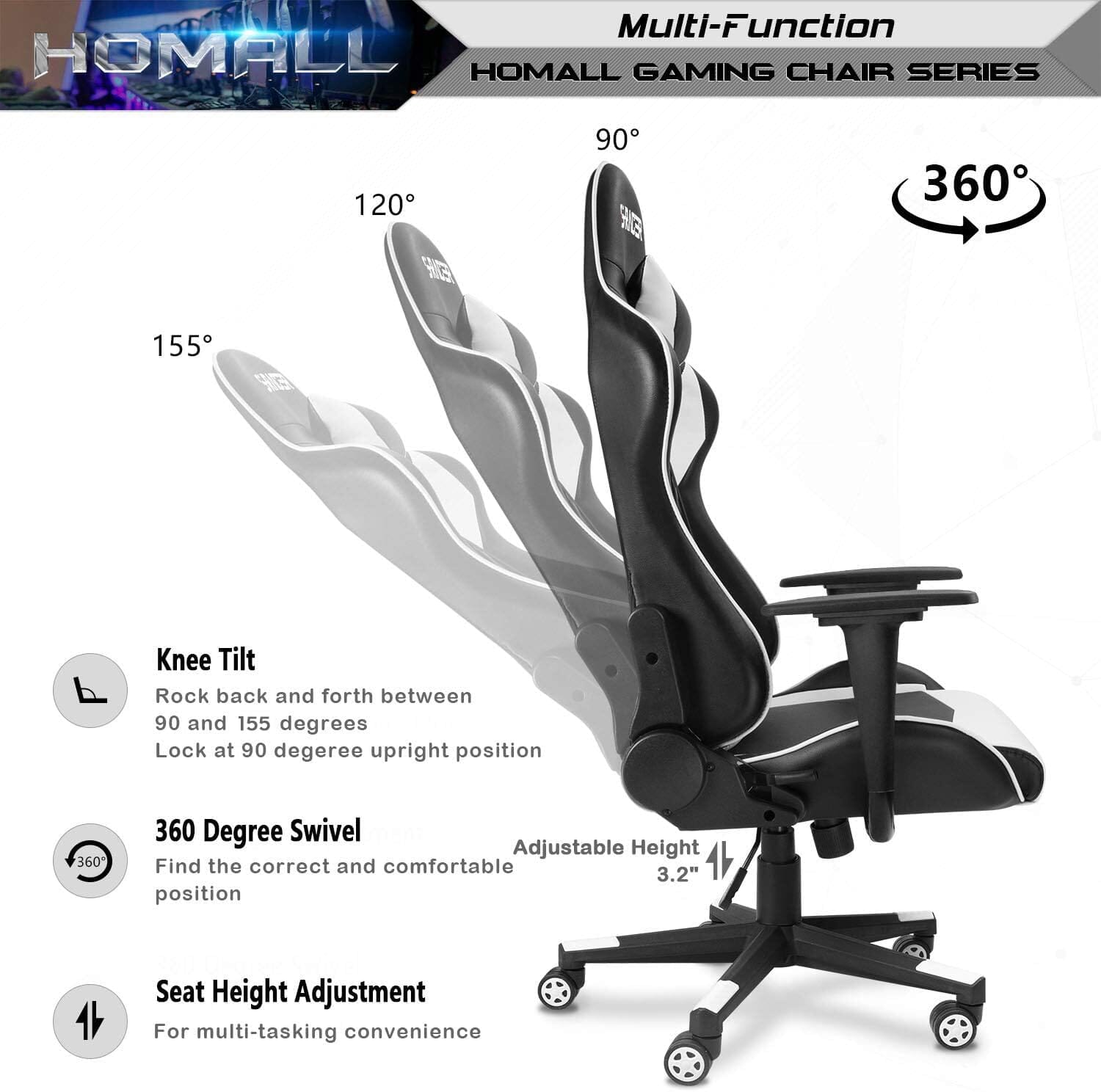 Gaming Chair, (White) Gaming Chairs Homall 