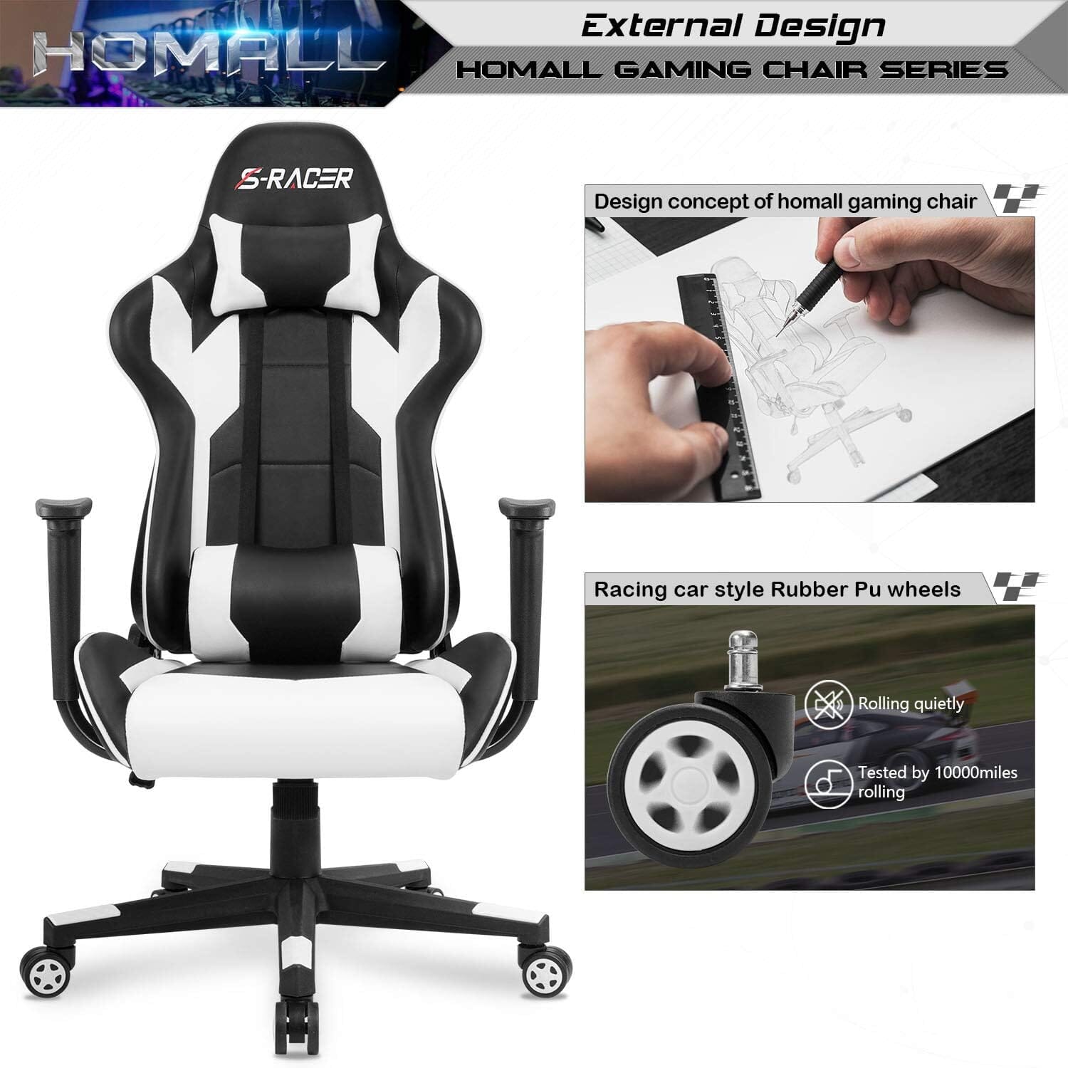 Gaming Chair, (White) Gaming Chairs Homall 