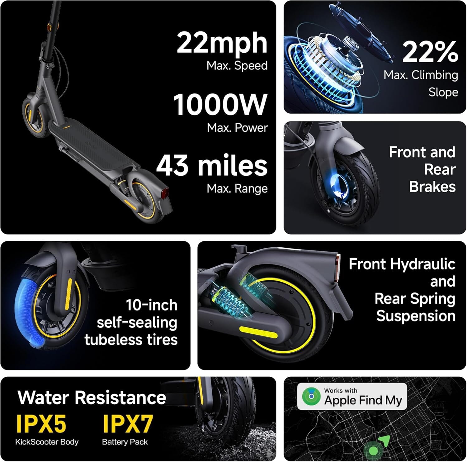 Max G2 Electric Kick Scooter with 43 Mile Range & 22 MPH Max Speed - Black Commuter E-Scooters Segway 