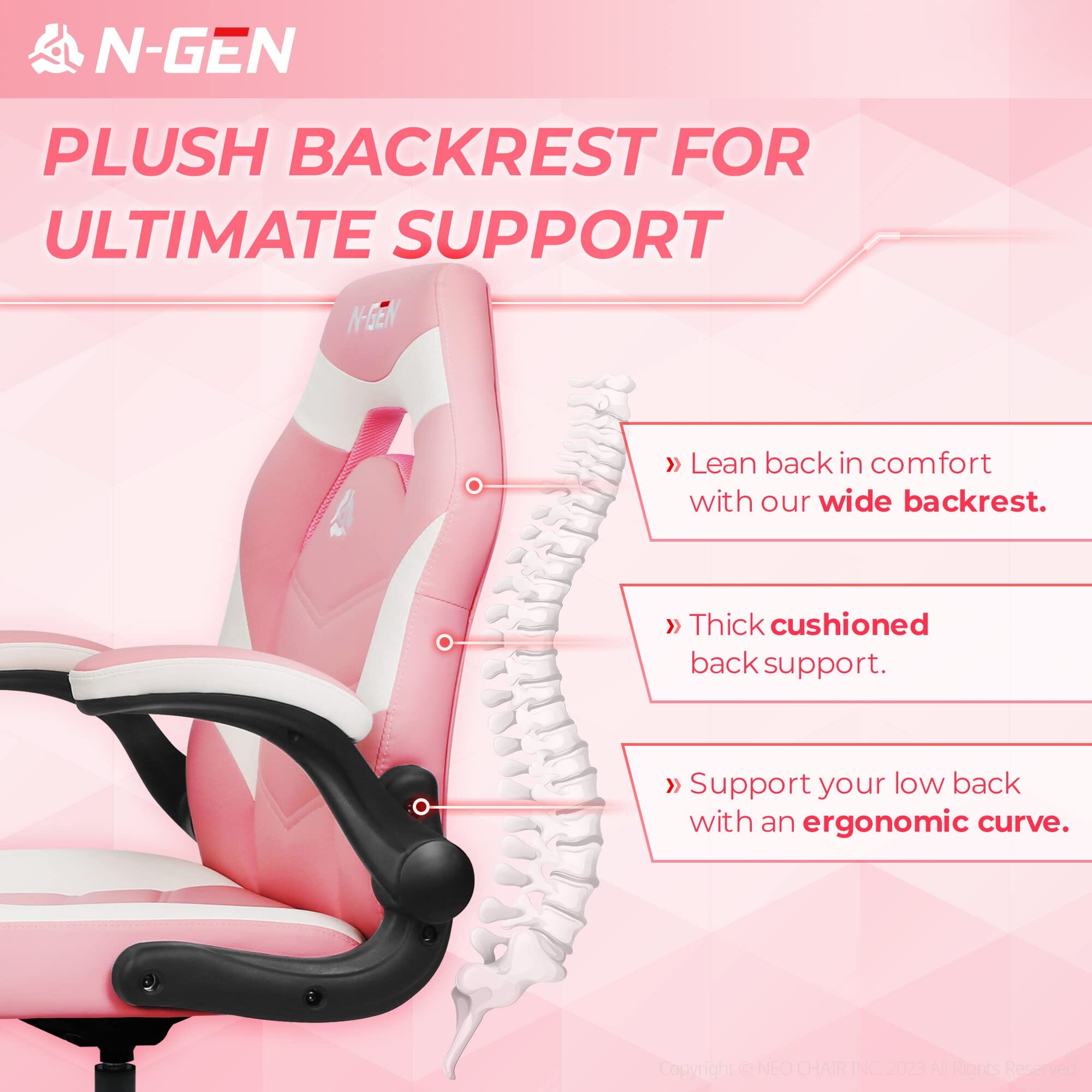 N-GEN Video Gaming Computer Chair Ergonomic Office Chair Desk Chair with Lumbar Support Flip Up Arms Adjustable Height Swivel PU Leather Executive with Wheels for Adults Women Men (Pink) Furniture NEO CHAIR 