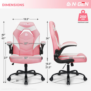 N-GEN Video Gaming Computer Chair Ergonomic Office Chair Desk Chair with Lumbar Support Flip Up Arms Adjustable Height Swivel PU Leather Executive with Wheels for Adults Women Men (Pink) Furniture NEO CHAIR 