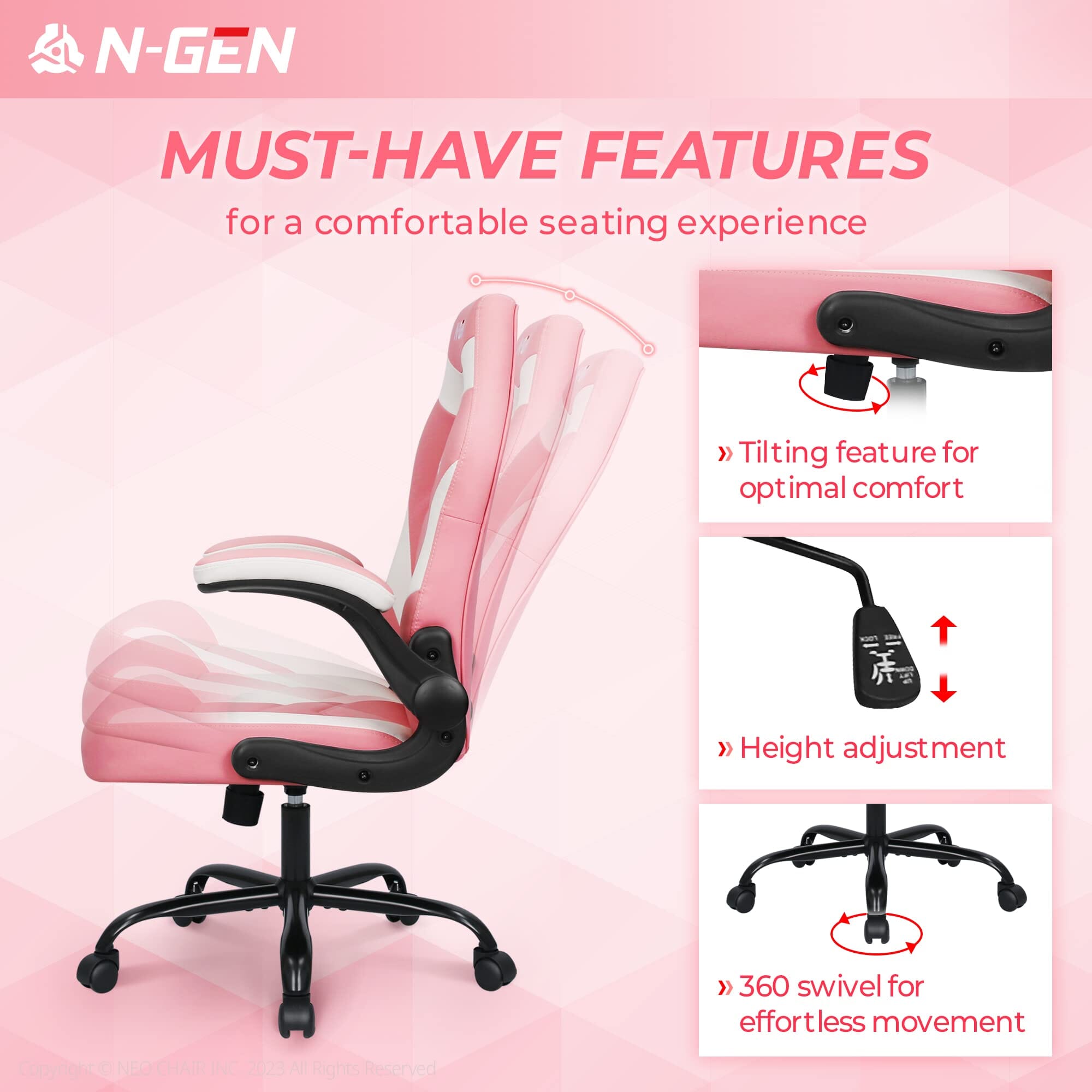 N-GEN Video Gaming Computer Chair Ergonomic Office Chair Desk Chair with Lumbar Support Flip Up Arms Adjustable Height Swivel PU Leather Executive with Wheels for Adults Women Men (Pink) Furniture NEO CHAIR 