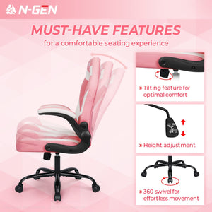 N-GEN Video Gaming Computer Chair Ergonomic Office Chair Desk Chair with Lumbar Support Flip Up Arms Adjustable Height Swivel PU Leather Executive with Wheels for Adults Women Men (Pink) Furniture NEO CHAIR 