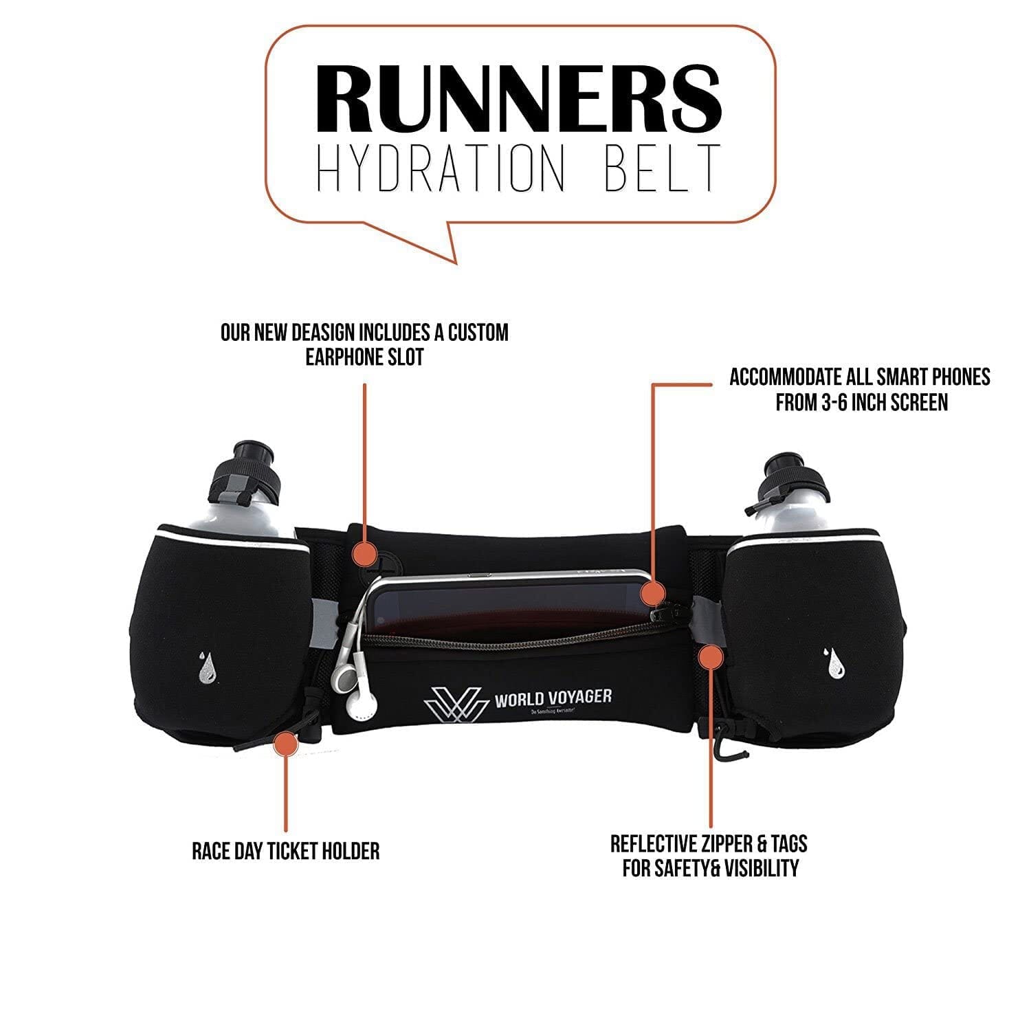 Premium Hydration Belt with Reflectors (Black) Sports World Voyager 