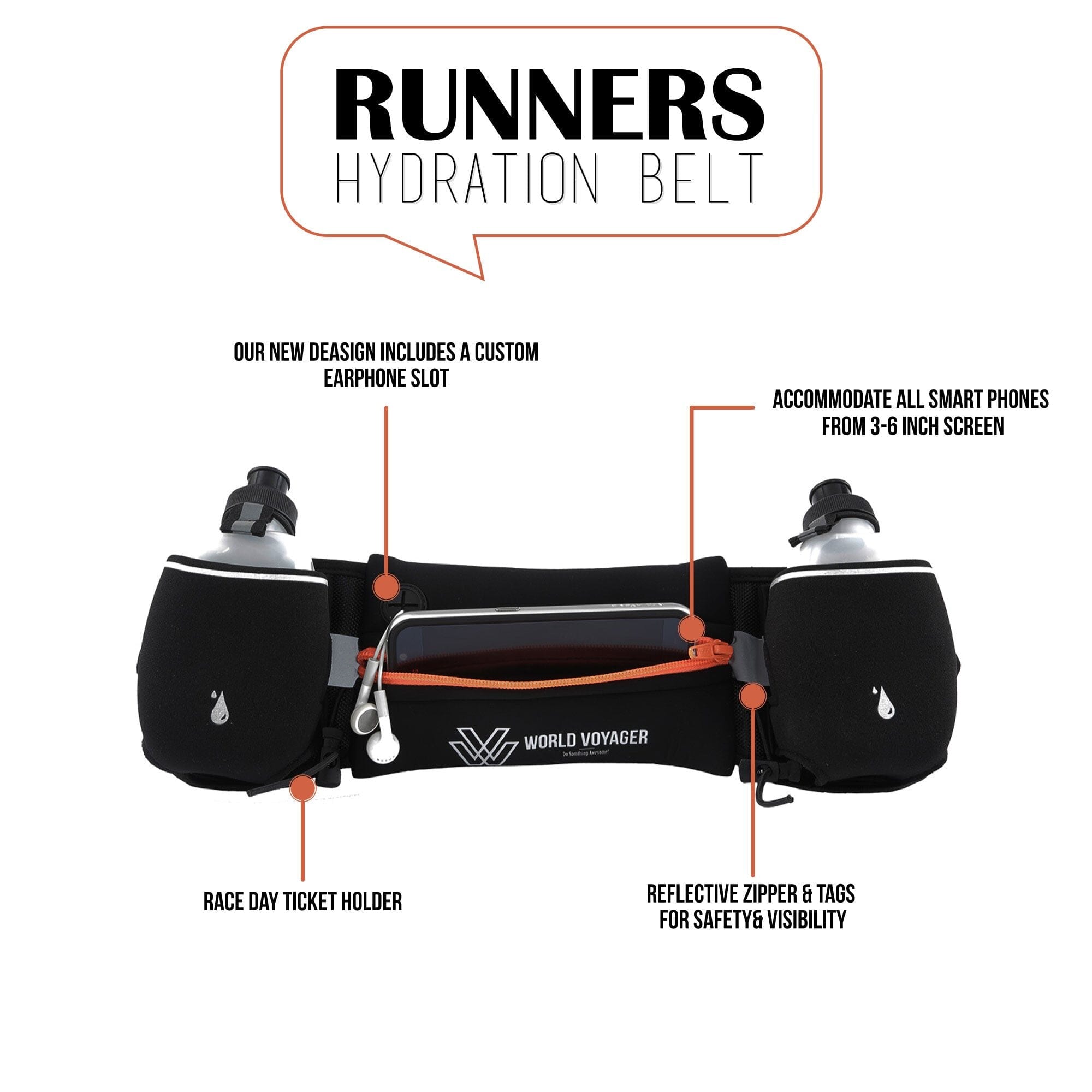 Premium Hydration Belt with Reflectors (Orange) Sports World Voyager 