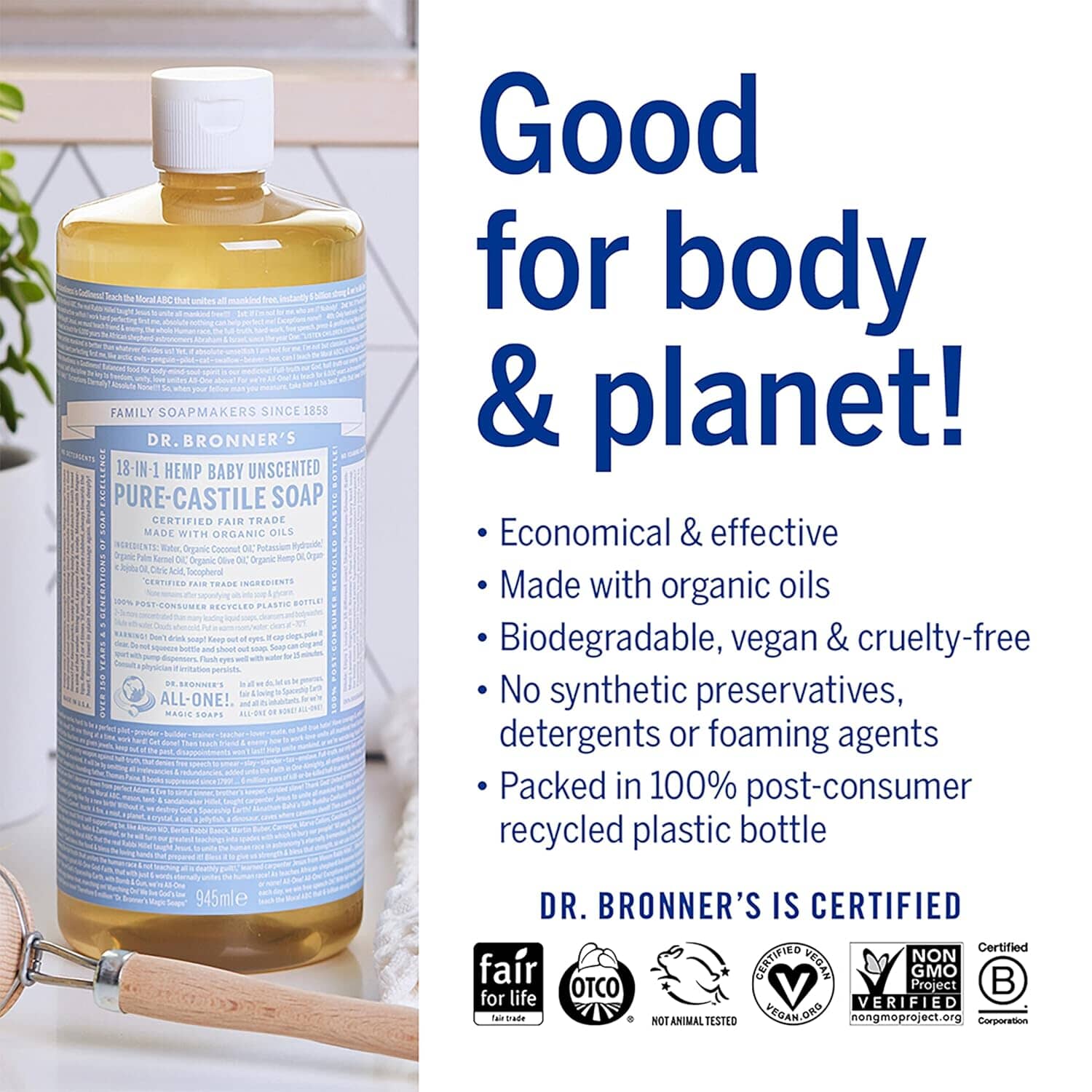 Pure-Castile Liquid Soap (Baby Unscented, 32 ounces, 2-Pack) Bath Additives Dr. Bronner's 