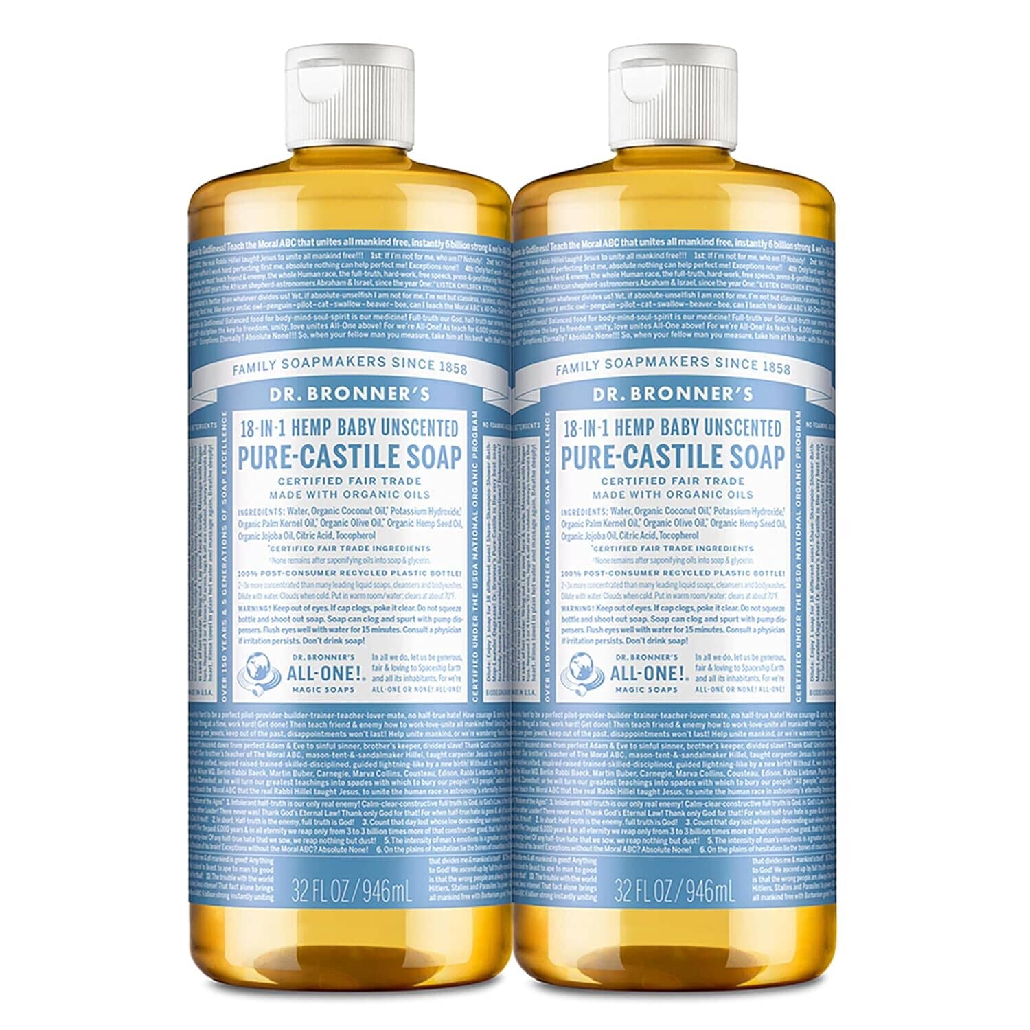 Pure-Castile Liquid Soap (Baby Unscented, 32 ounces, 2-Pack) Bath Additives Dr. Bronner's 