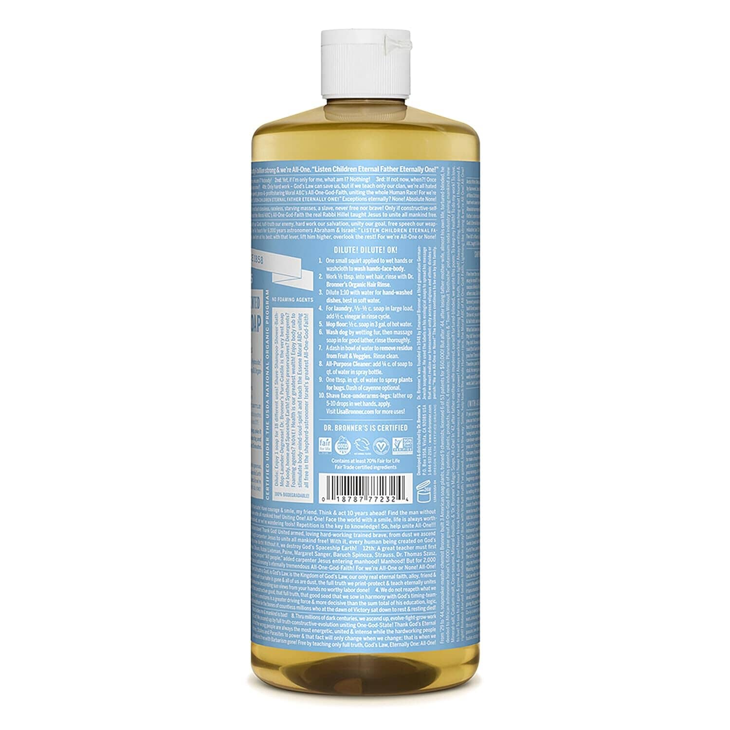 Pure-Castile Liquid Soap (Baby Unscented, 32 ounces, 2-Pack) Bath Additives Dr. Bronner's 