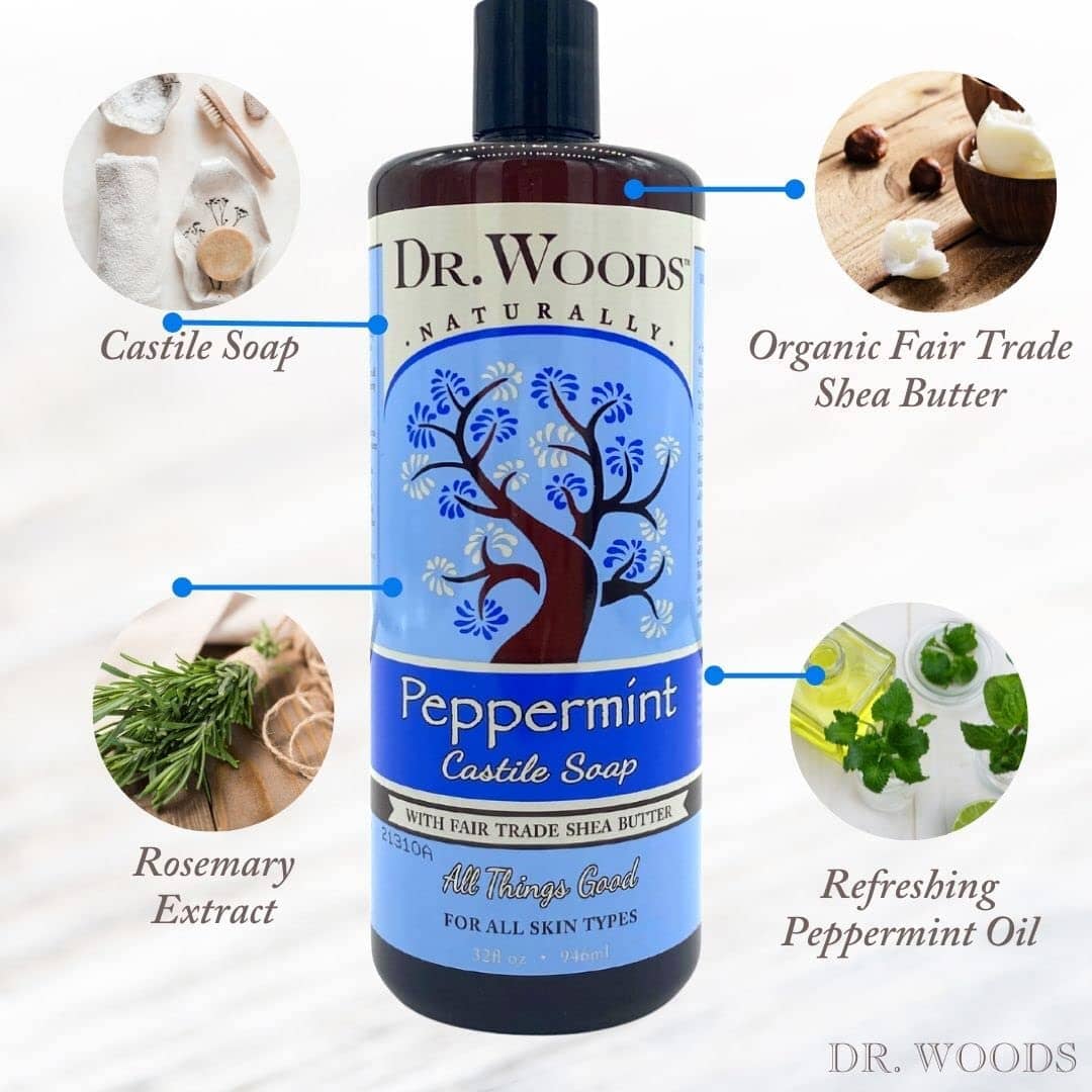 Pure Peppermint Liquid Castile Soap with Organic Shea Butter, 32 Ounce (Pack of 2) Bath Additives Dr. Woods 