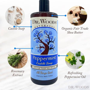Pure Peppermint Liquid Castile Soap with Organic Shea Butter, 32 Ounce (Pack of 2) Bath Additives Dr. Woods 