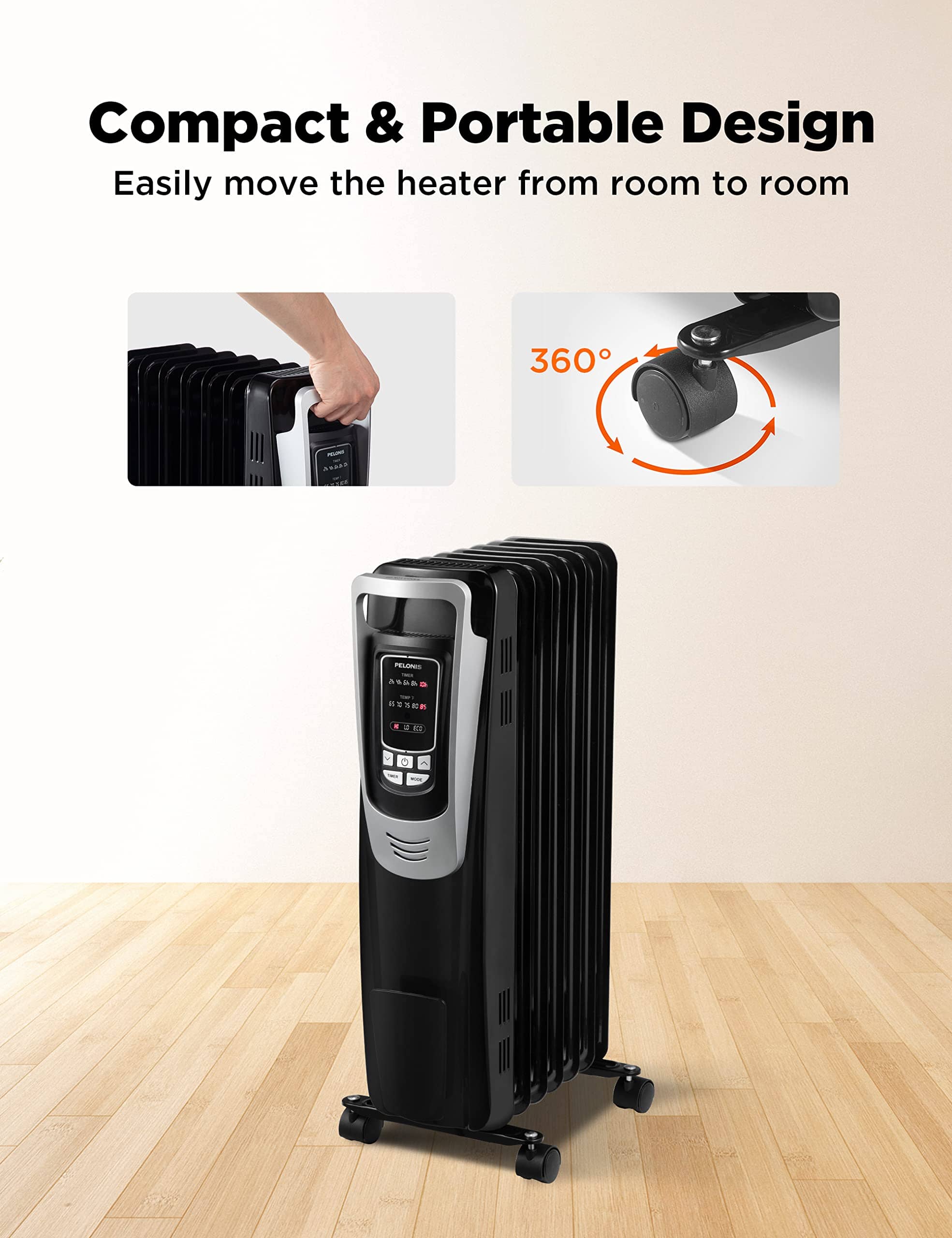 Radiator Heater with Remote, Thermostat & LED Display, Silver Home PELONIS 