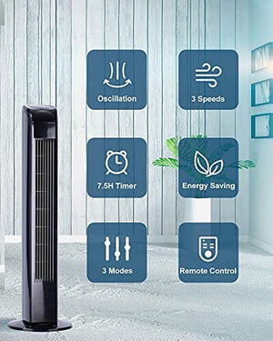 Uthfy Oscillating Tower Fan with Remote, Electric Standing Tower Fan Floor Fan for Bedroom Indoor Office and Home Use,Quiet Cooling Portable Bladeless Tower Fans, 30 inchs, Black Tower Fan Home Uthfy 
